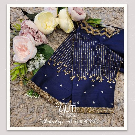 Dark Blue Aari Work Blouse, Dark Blue Blouse Aari Work Designs, Dark Blue Blouse Designs, Navy Blue Blouse Designs, Blue Designer Blouse, Khatli Work, Saree Styling, Blue Blouse Designs, Dark Blue Blouse