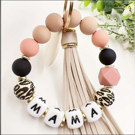 A Mama Silicone Bead Bracelet Women's Keychain Key Ring Silicone Bracelet Mother's Day Gift Keychain Ring Silicone Wristlet Keychain, Louis Vuitton Key Ring, Silicone Wristlet, Key Ring Bracelet, Keychain Pink, Skull Keychain, Keychain Ring, Leather Key Case, Heart Keyring