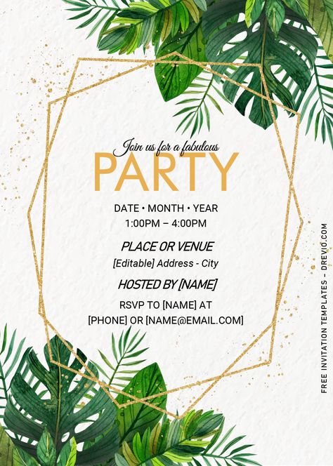 Nice Greenery Gold Geometric Invitation Templates - Editable .Docx If you’re dreaming to have a sort of Tropical party with your friends or maybe hosting one-of-a-kind­ Birthday party, Modern design won't let you feel devastated at all. Do you know why? There are hun... Geometric Invitation, Geometric Invitations, Microsoft Word 2007, Birthday Drinks, Insert Text, Free Printable Birthday Invitations, Text Frame, Word 2007, Tropical Party