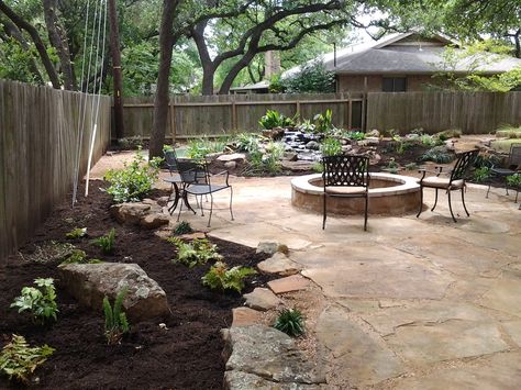 Backyard landscape - Water feature, hostas, containers with annuals and perennials, large accent boulders, decomposed granite pathways with flagstone patio and a large firepit. Believe it or not this is a low water usage landscape and the entire irrigation system has been converted to a smart emitter system where every plant or cluster of plants receives water with little to no evaporation. This is what xeriscape can look like in the shade. Grassless Backyard, Large Backyard Landscaping, Decomposed Granite, Backyard Designs, Flagstone Patio, Backyard Landscaping Ideas, Large Backyard, Landscape Plans, Backyard Fire