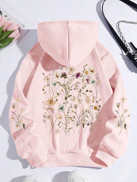 Pink Casual Collar Long Sleeve Knitted Fabric Floral Pullovers Embellished Slight Stretch  Women Plus Clothing Rose Hoodie, Floral Pullover, Modest Dresses Casual, Lined Hoodie, Fabric Floral, Printed Drawstring, Inspiration Mode, Colorful Hoodies, Modest Dresses