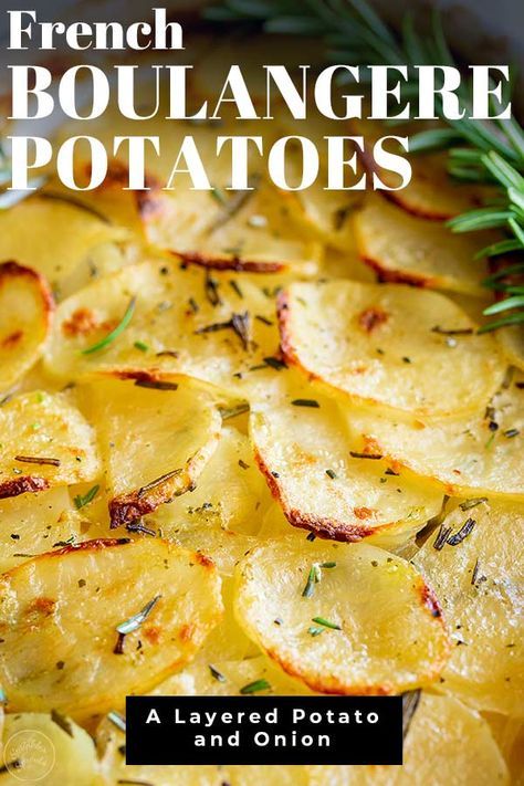 This Potato and Onion bake is a simple french potato dish (Pommes Boulangère or Boulangere Potatoes) that is big on flavor, easy to make and is a great alternative to creamy scalloped potatoes. The layered potatoes and onions are cooked in broth with plenty of seasonings and fresh herbs, to give you a delicious side dish that is full of flavor buy lighter on the calories. Oven Baked Sliced Potatoes, Layered Potatoes, Onion Bake, Boulangere Potatoes, Homemade Scalloped Potatoes, Steamed Pudding, Creamy Scalloped Potatoes, French Potatoes, Best Potato Recipes