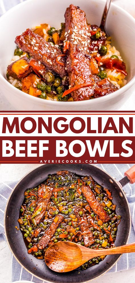 Meat Entrees, Beef Bowl, Beef Stir Fry Recipes, Mongolian Beef Recipes, Asian Dinners, Averie Cooks, Beef Bowls, Takeout Food, Asian Inspired Dishes