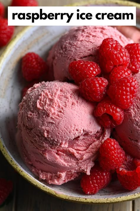 Creamy raspberry ice cream made from a custard base of egg yolks and cream. This easy recipe is made with fresh or frozen raspberries and uses an ample amount to bring out their tart flavor. Frozen Deserts, Mint Chocolate Ice Cream, Raspberry Ice Cream, Ice Cream At Home, Summer Ice Cream, Sorbet Recipes, Raspberry Sorbet, Ice Cream Sorbet, Make Ice Cream