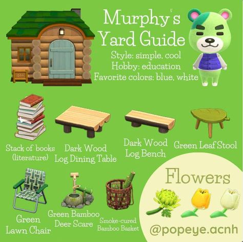 Murphy's yard guide #animalcrossing #animalcrossingnewhorizons #acnh #yardguide #acnhyardguide Acnh Yard, Ac Ideas, Animal Crossing Guide, Animal Crossing Characters, Acnh Ideas, Animal Crossing Villagers, Bamboo Basket, Wood Logs, New Animal Crossing