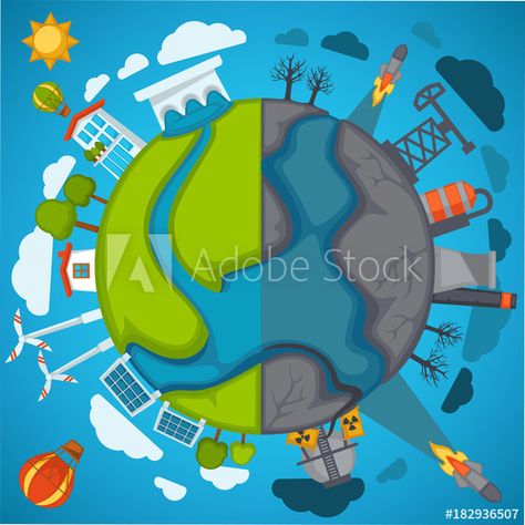 Stock Image: Green eco planet and environment pollution vector poster for save nature protection concept Poster Save Earth, Air Pollution Facts, Earth Conservation, Causes Of Air Pollution, Environment Pollution, Environmental Posters, Industrial Plant, Earth Drawings, Eco City