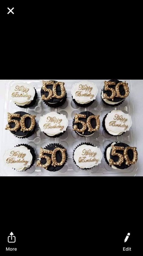 Treat Table Ideas For Men, 50th Birthday Cupcakes For Men, Black And Gold Desserts, 50th Birthday Cupcakes For Women Ideas, Black And Gold Cupcakes, 50th Birthday Celebration Ideas, Chantilly Cake Recipe, Birthday Cupcakes For Women, 50th Birthday Cupcakes