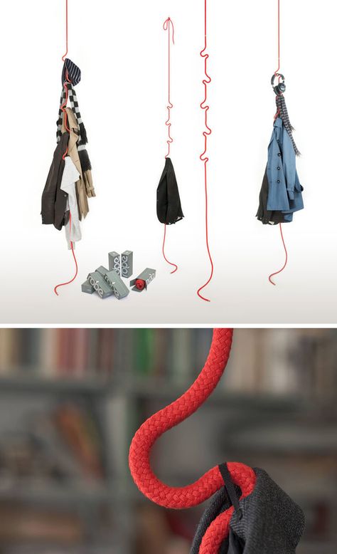 Interior Design Idea - Coat Racks That Hang From The Ceiling // Encased in sturdy rope are five adjustable stainless steel hooks that securely hold your clothes, umbrella, bag, or jacket for you until you’re ready for them later on. Its ropey nature allows it be hung anywhere, from suspended dowels to exposed pipes, even outside! Hanging Coat Rack, Classy Coat, Fashion Showroom, Rack Design, Coat Racks, The Ceiling, Shop Interior Design, Coat Hanger, Clothing Rack