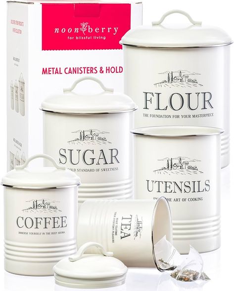 Amazon.com: noonberry Kitchen Canisters for Countertop - Set of 3 - Airtight Coffee Tea Sugar Container Set - Country Rustic Farmhouse Canisters Sets for the Kitchen : Beauty & Personal Care Sugar Flour Containers, Cream And White Kitchen, Farmhouse Canister Set, Canisters For Kitchen, White Kitchen Canisters, White Canister Set, Farmhouse Canisters, Flour Container, Cooking Utensil Holder