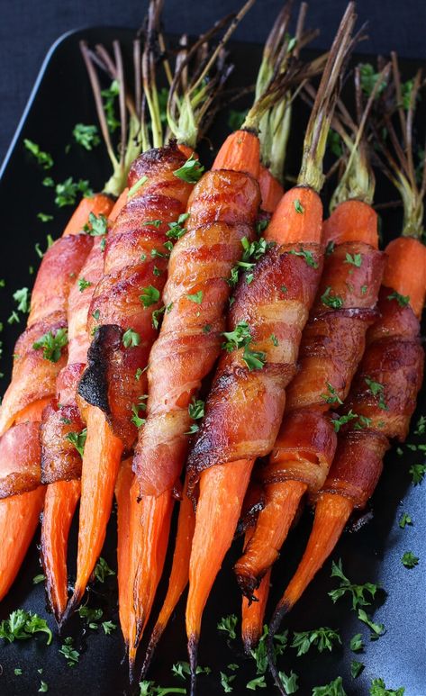 These Bacon Wrapped Carrots are an easy side dish for every day dinners or holiday meals! Sweet, roasted carrots wrapped with salty bacon and a sweet maple glaze! Bacon Wrapped Carrots, Farming Shirts, Carrots Side Dish, Maple Glazed Carrots, Glazed Carrots Recipe, Steak Side Dishes, Thanksgiving Recipes Side Dishes, Glazed Carrots, Maple Bacon