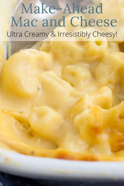 This Make-Ahead Mac and Cheese is the recipe of your dreams. It's ultra-creamy, irresistibly cheesy, but best of all perfect for prepping ahead! Whether you make it today, prep ahead, or freeze it for later, this baked mac and cheese will be ready for your next craving. Mac And Cheese Competition, Freezer Mac N Cheese, Make Ahead Crockpot Mac And Cheese, One Serving Mac And Cheese Recipe, Freezer Macaroni And Cheese, Mac And Cheese For 60 People, Homemade Mac And Cheese For A Crowd, Baked Mac And Cheese With Heavy Cream, Freezing Mac And Cheese