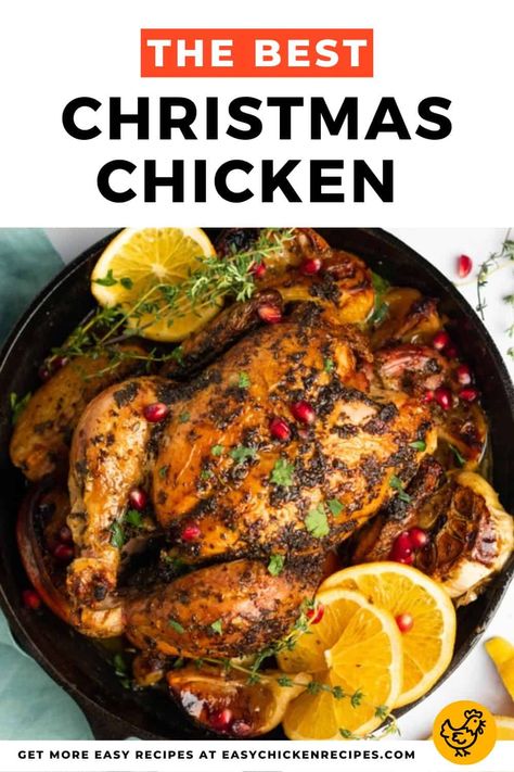 This Christmas chicken is slathered in herb butter and roasted on a bed of oranges, lemons, and garlic and then garnished with pomegranate seeds for tons of fa-la-la-la-flavor! Roast Chicken For Christmas, Roasted Chicken For Christmas, Christmas Chicken Ideas, Christmas Whole Chicken, Xmas Chicken Recipe, Whole Chicken Christmas Dinner, Christmas Roasted Chicken, Roasted Chicken Christmas Dinner, Christmas Roast Chicken Recipes