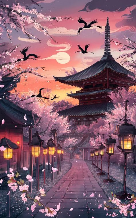 Cultural Landmarks In Japan Painting, Japanese Fantasy Art Landscape, Sakura Forest, Japanese Landscape Painting, Himeji Castle, Zen Painting, Anime Lock Screen Wallpapers, Japanese Castle, Japan Landscape