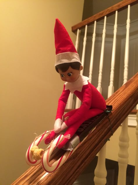 Stair rail sledding! - elf on the shelf Elf Sledding Down Stairs, Elf On The Shelf Stairs, Elf On The Shelf Stairs Ideas, Elf 2023, Stair Rail, Awesome Elf On The Shelf Ideas, Elf Activities, Elf Fun, Elf Ideas