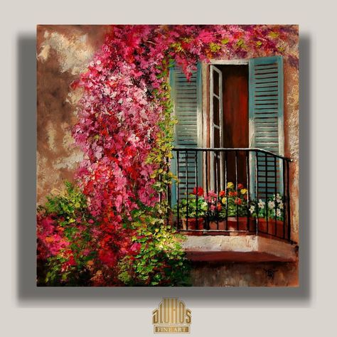 YARY DLUHOS Balcony Bougainvillea Window Flower Original Modern Art Oil Painting. #wall #art #gold #leaf #photography #love #nature #streetart #luxury Artist Oil Painting, Balcony Bougainvillea, Bougainvillea Window, Window With Flowers Painting, Balcony Painting, Modern Art Oil, Painting Impressionism, Original Modern Art, Art Painting Tools