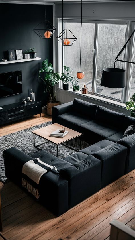 23+ Black Wall Ideas That You Can Watch All Day Long Modern Apartment Decor Minimalist Black, Black Living Room Walls, Mens Living Room Ideas Apartments, Men Apartment Decor Living Room, Black Home Interior Design, Black Interior Decor, Black Leather Sofa Living Room Decor, Black Wall Living Room, Black House Interior Design