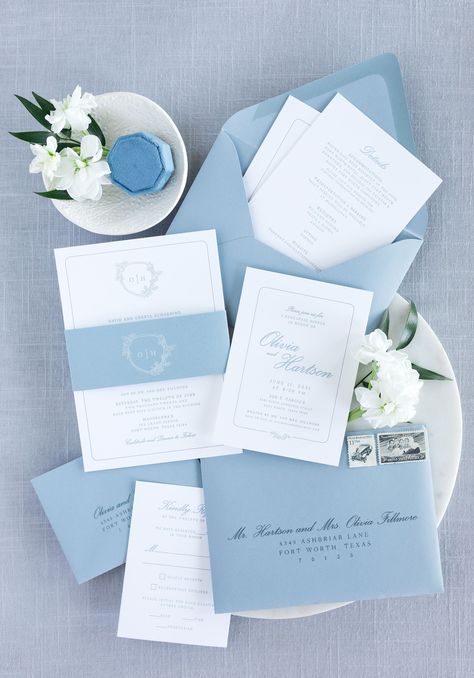 Light Blue And Gold Wedding Invitations, Dusty Blue Wedding Stationery, Blue White Wedding Invitation, Light Blue And White Wedding Invitations, Powder Blue Invitation, Blue Wedding Invitations Elegant, Pale Blue Wedding Theme, Wedding Invitations Light Blue, Blue Floral Wedding Invitations