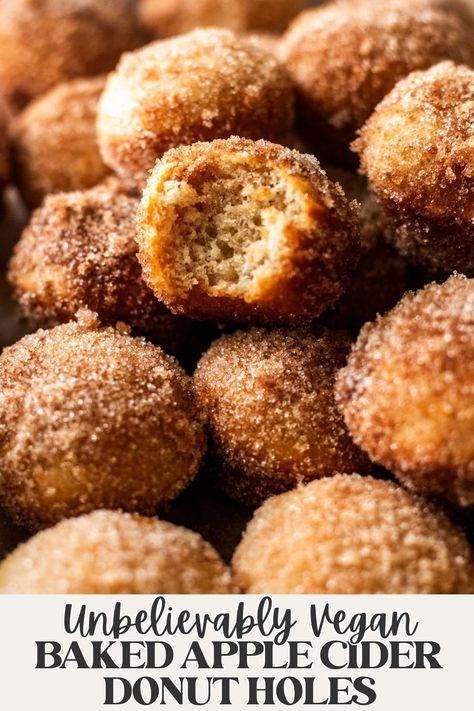 These ridiculously moist baked vegan apple cider donut holes are cakey and perfectly spiced with rich apple cider flavor thanks to the apple cider reduction. Made in one bowl, and you don't even need a donut hole pan! A taste of the apple orchard in the comfort of your own home- and the perfect quick and easy fall treat! Vegan Apple Cider Muffins, Donut Hole Pan, Apple Cider Reduction, Apple Cider Donut Holes, Vegan Apple Cider, Apple Cider Muffins, Banana Diaries, Apple Cider Donuts Baked, Gluten Free Dairy Free Dessert