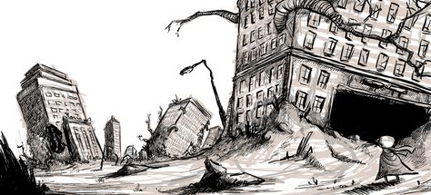 Destroyed City Drawing, City Drawing Easy, Ruins Drawing, Zombie City, Kota Masa Depan, Destroyed City, City Ruins, Abandoned City, Picture Drawing