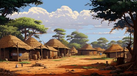 Village in Zimbabwe African Village Concept Art, African Village Illustration, African Village Aesthetic, African Village Art, Africa Background, Africa Village, Village Reference, Village Background, African Village