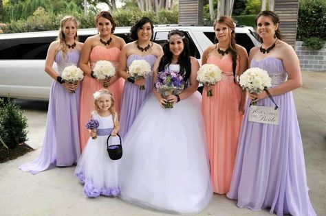 Purple and Coral Wedding Peach And Purple Combination Dress, Coral And Lavender Wedding, Lilac And Coral Wedding, Lilac And Peach Wedding, Purple Coral Wedding, Orange Peach Purple Wedding, Lilac And Apricot Wedding, Coral Wedding Colors, Damas Dresses