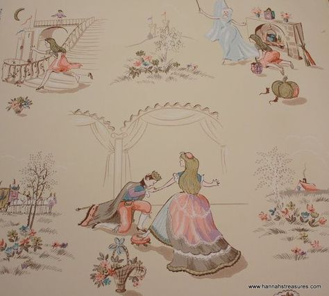 1940s wallpaper featuring Cinderella. I would have loved this in my room! Wallpaper Cinderella, Cinderella Nursery, Cinderella Room, Glam Nursery, Circus Wallpaper, Cinderella Wallpaper, Vintage Girl Nursery, Vintage Kids Room, Vintage Wallpapers