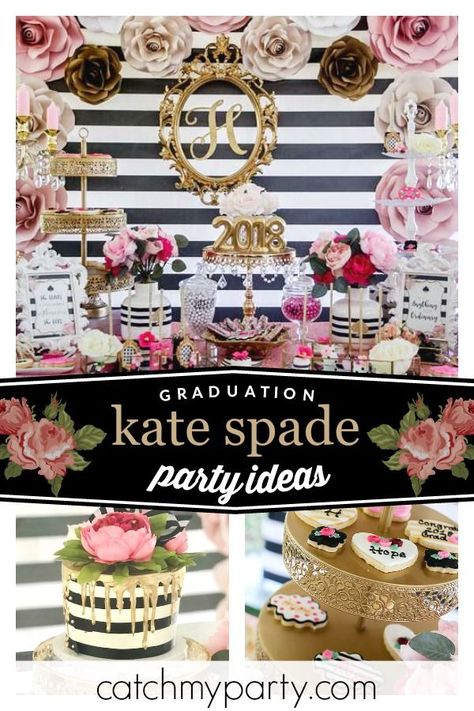 Check out this amazing Kate Spade themed graduation party! The cake is stunning! See more party ideas and share yours at CatchMyParty.com #catchmyparty #partyideas #katespade #katespadeparty #graduation Kate Spade Party Decorations, Kate Spade Party Theme, Kate Spade Birthday Party, Twins Graduation, Themed Graduation Party, Kate Spade Theme, Kate Spade Party, Graduation Party Themes, Graduation Party Planning