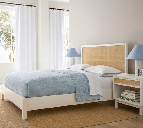 Beds | Full, Queen and King Beds & Bed Frames | Pottery Barn Beach House Bedding, Headboard Panels, Barn Bedrooms, Mattress Base, Cane Bed, Coastal Bedroom Decorating, Design Your Bedroom, Bed Queen, Valley Road