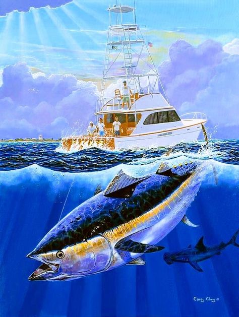 Tuna Painting, Saltwater Fishing Lures, Boat Illustration, Bluefin Tuna, Fish Artwork, Ocean Fishing, Fish Drawings, Deep Sea Fishing, Catching Fish