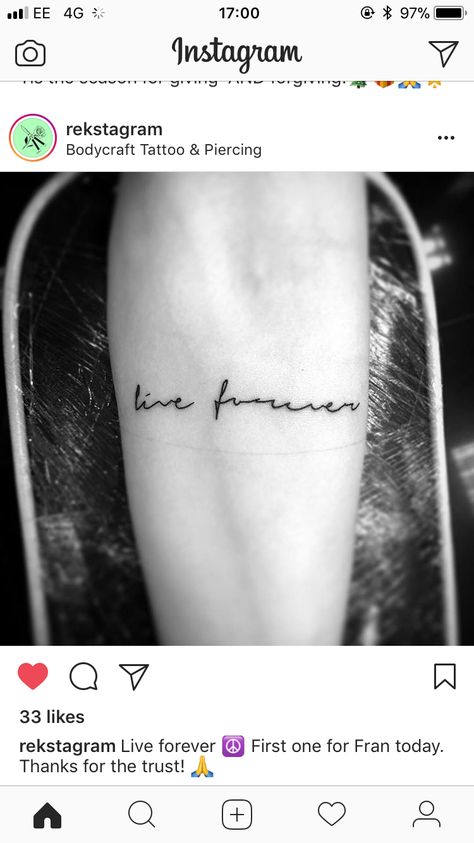 Live Forever Tattoo, Oasis Tattoo, Lightning Bolt Tattoo, Shoulder Tats, Bolt Tattoo, Forever Tattoo, Cursive Tattoos, Leo Tattoos, Tattoo Script