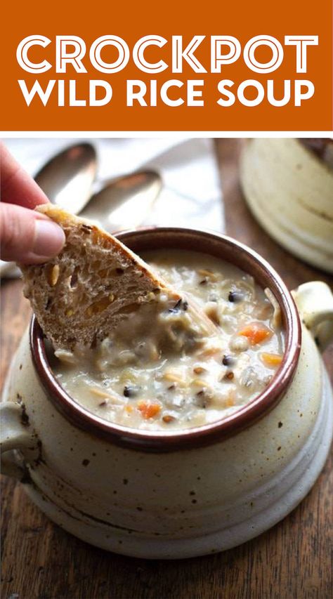 Crockpot Chicken Wild Rice Soup! This Crockpot Chicken Wild Rice Soup is so darn simple to make. Chicken, carrots, celery, onion, wild rice, seasonings, and cream. Pair with a piece of crusty bread on a cold night for the perfect meal! #wildricesoup #chickenwildrice #soup Wild Rice Soup Crockpot, Turkey Wild Rice Soup, Chicken Tips, Chicken Carrots, Wild Rice Soup Recipes, Chicken Wild Rice, Chicken Wild Rice Soup, Meal Train Recipes, Chicken And Wild Rice