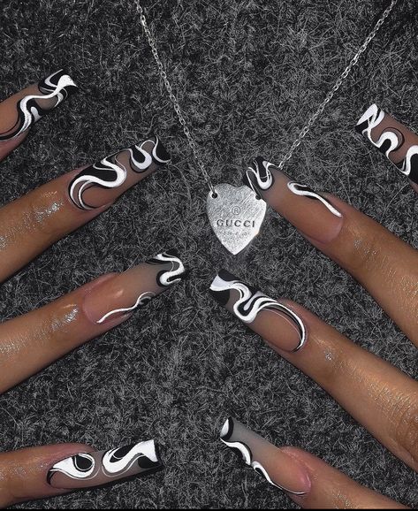 Baddie Nail Art Black And White, Black And White Nail Aesthetic, Nails Inspo Baddie Black, Black And White Acrylic Nails Designs Coffin, Unique Black And White Nails, Acrylic Nail Designs White And Black, White Silver Black Nails, Black And White Nails Ideas Coffin, White And Black Acrylic Nail Designs