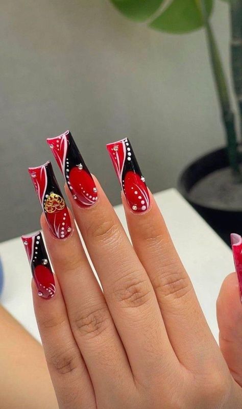 Vacation Acrylic Nails Long, Extravagant Nails Designs, Long Red Acrylic Nails, Red Nail Sets, Black And Red Nail Designs, Red Nail Set, 90s Nails, Retro Nails, Nails Design With Rhinestones