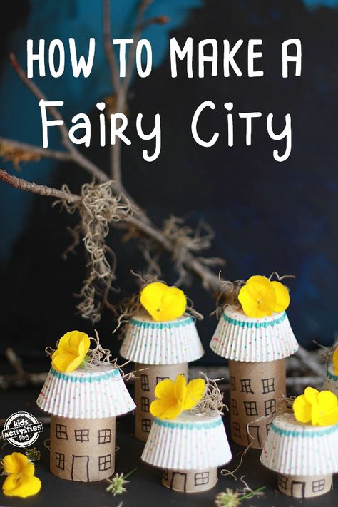 DIY Fairy City Kids Craft: Upcycle cardboard rolls and unused cupcake liners into a magical fairy tale land using this fun and simple kids craft tutorial. Fairy Activities, Fairytale Crafts, Fairy City, Crafternoon Ideas, Cardboard City, Make A Fairy, Fairy Tale Crafts, Toilet Roll Craft, Camp Crafts