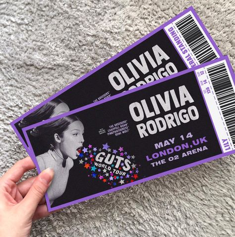 Olivia Rodrigo Guts Tour Souvenir Concert Ticket | Personalized Souvenir Concert Ticket  Ticket size is: 9x21 cm - 3.5 x 8 inches 💜Please mention them in the personalization box💜 -date -city -section, row and seat number -name (optional) Olivia Lyrics, Olivia + Core + Aesthetic, Guts Tour, Concert Ticket, Olivia Rodrigo Guts, Birthday List, + Core + Aesthetic, Concert Tickets, Olivia Rodrigo