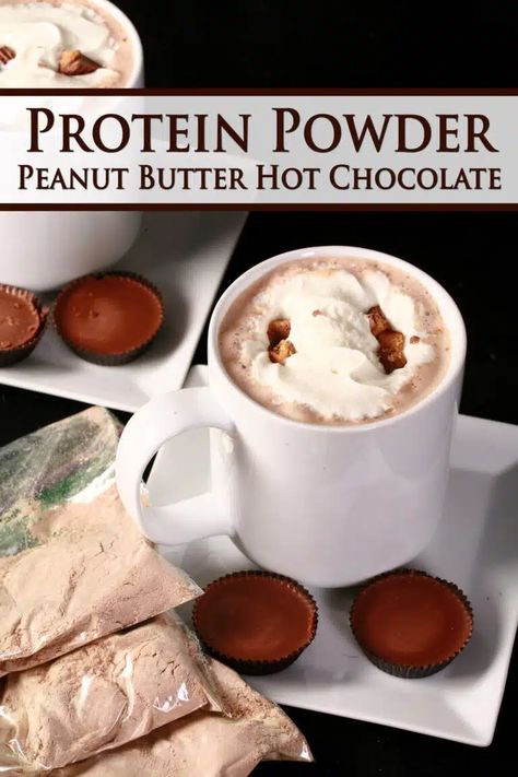 2 mugs of protein peanut butter cup hot chocolate with whipped cream and chopped peanut butter cups. Overlaid text says protein powder peanut butter hot chocolate. Recipe Protein Powder, Peanut Butter Hot Chocolate Recipe, Protein Hot Chocolate, Hot Chocolate Protein, Instant Hot Chocolate, High Protein Peanut Butter, Peanut Butter Hot Chocolate, Protein Peanut Butter, Healthy Low Carb