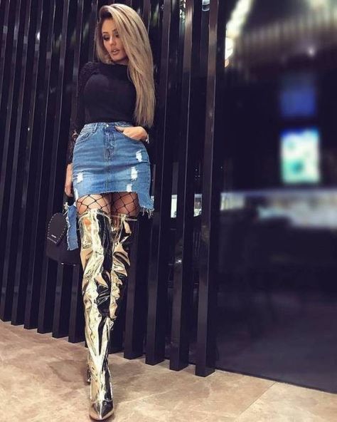 Metallic gold thigh boots outfit Metallic Gold Boots Outfit, Gold Thigh High Boots Outfit, Outfits With Gold Boots, Thigh Boots Outfit, Apple Fashion, High Heel Boots Outfit, Over The Knee Boot Outfit, High Boots Outfit, Womens High Boots