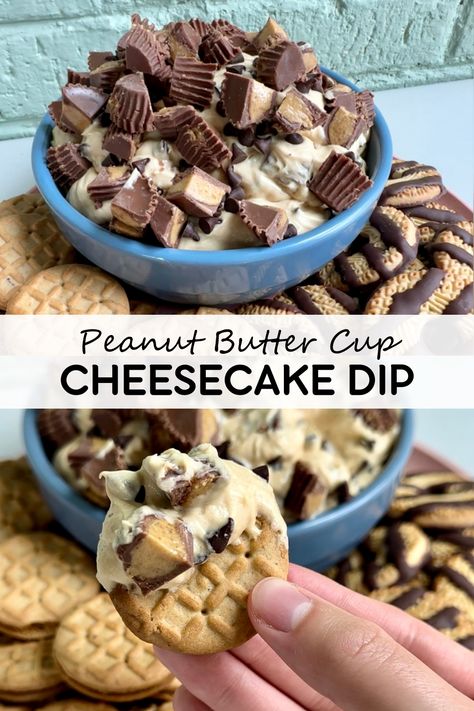 Creamy peanut butter cup cheesecake dip is loaded with peanut butter cups and mini chocolate chips! This is what dessert dip dreams are made of! Peanut Butter Cup Cheesecake Dip, Salted Caramel Cheesecake Dip, Reese Cup Dessert, Dipping Desserts, Desert Dips Recipes, Football Desserts Easy, Peanut Butter Cup Dip, Peanut Butter Cheesecake Dip, Desert Dips