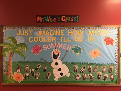 June Bulletin Board - Olaf in Summertime  #backtoschool #newschoolyear #bulletinboard #board #school #elementary #june #summer #summervacation #cool June Bulletin Board, Summer School Themes, Homeroom Mom, Early Preschool, Whiteboard Ideas, Bulletin Ideas, Elementary Bulletin Boards, Work Bulletin Boards, Student Board