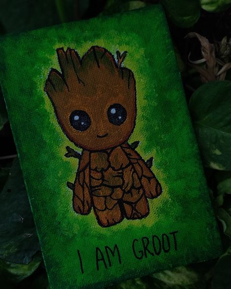 Groot Painting Easy, Groot Painting Canvas, Cool Cartoon Paintings, Groot Painting, Groot Drawing, 90s Cartoon Canvas Painting, Marvel Canvas, Drawing On Canvas, Marvel Paintings