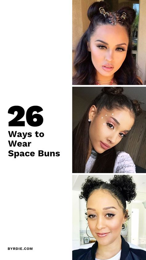 How to wear space buns. How To Make Space Buns With Long Hair, Space Bun Accessories, Space Buns With Added Hair, Space Buns Accessories, Braided Space Buns Tutorials, Hair Designs For Girls, Space Buns Hair, High Bun Hairstyles, Space Buns