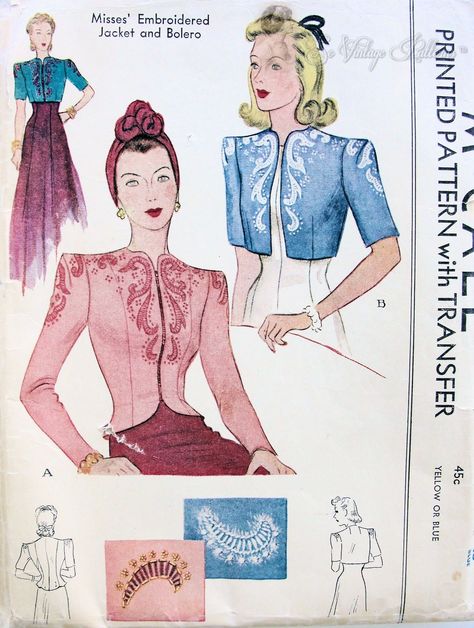 McCall 755; ©1940; Misses' Embroidered Jacket and Bolero 50s Embroidery, Sewing Jacket, Vintage Clothes Patterns, 1940s Women, Bolero Pattern, Sewing Challenge, Vintage Mannequin, Vintage Dress Patterns, Dress Making Patterns