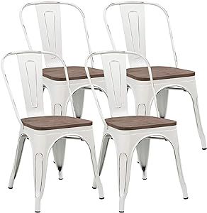 JUMMICO Metal Dining Chair Stackable Industrial Vintage Kitchen Chairs Indoor-Outdoor Bistro Cafe Side Chairs with Back and Wooden Seat Set of 4 (White) Metal Dining Chair, White Patio, Outdoor Bistro, Indoor Chairs, Metal Dining Chairs, Patio Dining Chairs, Industrial Vintage, Kitchen Chairs, Patio Dining