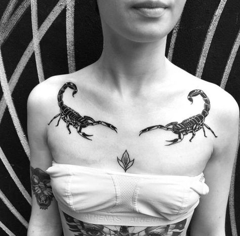 Scorpion Tattoo On Chest, Scorpio Tattoo Shoulder, Scorpion Cover Up Tattoo, Scorpion Collar Bone Tattoo, Scorpion Tattoo Feminine Arm, Scorpion Shoulder Tattoo, Two Scorpions Tattoo, Scorpion Chest Tattoo, Tattoos Powerful