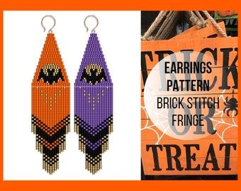 Halloween Earrings Beaded, Fringe Earring Pattern, Horror Earrings, Beaded Halloween, Moon Earring, Fringe Earring, Halloween Coffin, Stitch Earrings, Spider Earrings