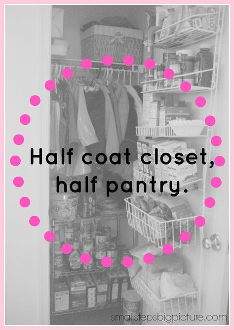 Half pantry, half coat closet, storage for small apartment Half Pantry Half Coat Closet, Pantry And Coat Closet Combo, Coat Closet Into Pantry, Coat Closet Storage, Pantry Closet Organization, Closet Pantry, Hallway Closet, Pantry Closet, Coat Closet