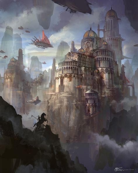 Kekai Kotaki, Sci Fi Landscape, 다크 판타지, Fantasy City, Fantasy Castle, Fantasy Setting, Fantasy Places, Steampunk Art, Landscape Scenery