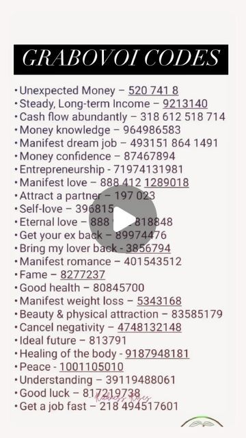 Quantum | Manifestation | Attract Wealth on Instagram: "Are these the codes to unlock abundance!?  The Grabovoi Numbers are powerful sequences of digits, believed to align your energy with abundance. 💰✨  Each number carries a unique vibration, designed to resonate with specific intentions – including abundance, health, and success, money, love and more.  How to Use Grabovoi Numbers: 1. Choose the number corresponding to your desired outcome (e.g., wealth, financial stability). 2. Visualize the number in your mind’s eye, focusing on your intention. 3. Repeat the number silently or aloud, infusing it with your positive energy. 4. Trust in the process and let the universe work its magic!  SAVE to make sure you don’t forget these numbers 🙌🏻  FOLLOW for daily inspiration  . . . DM for credit Grabovoi Codes Numbers Abundance, Grabovoi Codes Numbers Love, Grabovoi Codes Numbers Money, Grabovoi Codes Numbers How To Use, Grabovoi Codes Numbers, Divine Numbers, Quantum Manifestation, Grabovoi Codes, Grabovoi Numbers