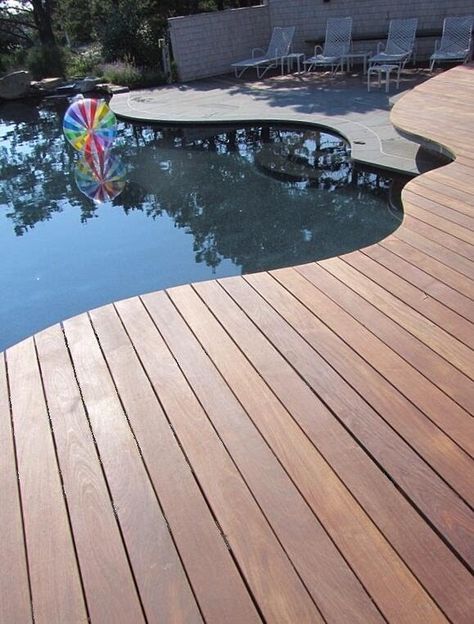 Ipe Wood Decking, Wooden Pool Deck, Wood Pool Deck, Decks Around Pools, Ipe Wood Deck, Curved Deck, Decking Options, Deck Design Ideas, Deck Maintenance