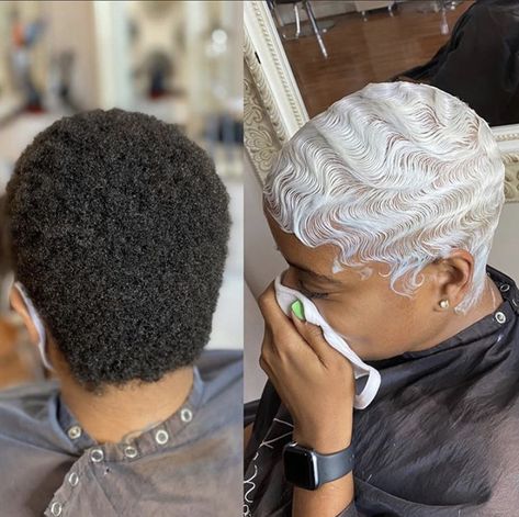 Bleached Buzzcut Black Women, Platinum Blonde Finger Waves, Very Short Pixie Haircut Black Women, Bob Color, Voice Of Hair, Short Platinum Blonde Hair, Relaxed Hairstyles, Finger Waves Short Hair, Platinum Blonde Pixie